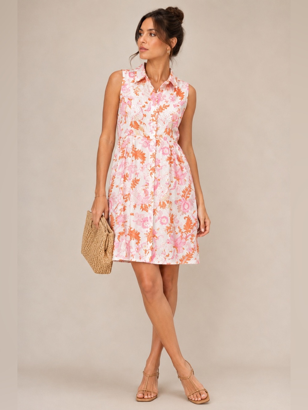 Dolma Floral Cotton Shirt Dress Pink Orange Sleeveless Resort Medium